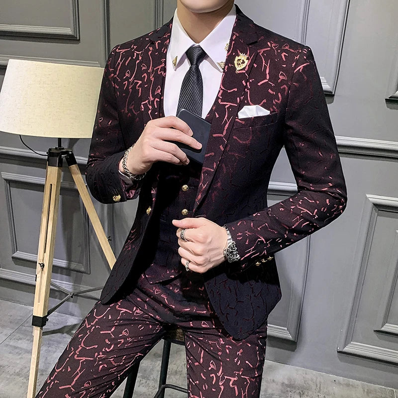 Luxury Men Suit Sets Latest Coat Pant Vest Design Dress Suits Floral Slim Men's Groom Tuxedo Suit Royal Blue Burgundy Men Suits