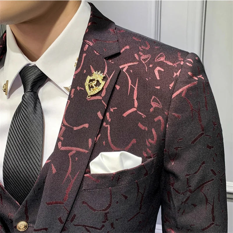 Luxury Men Suit Sets Latest Coat Pant Vest Design Dress Suits Floral Slim Men's Groom Tuxedo Suit Royal Blue Burgundy Men Suits