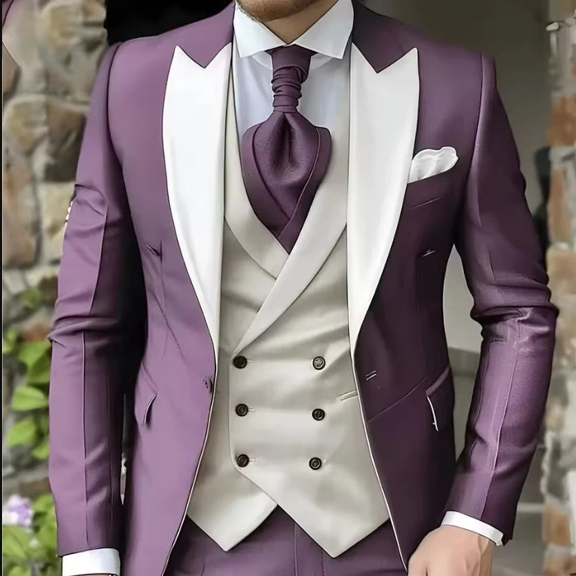 Men Suit White Classic 3 Pieces Wedding Suits Set Fashion Men Business Tuxedo Peaked Lapel Groomsmen Blazer Pants Vest