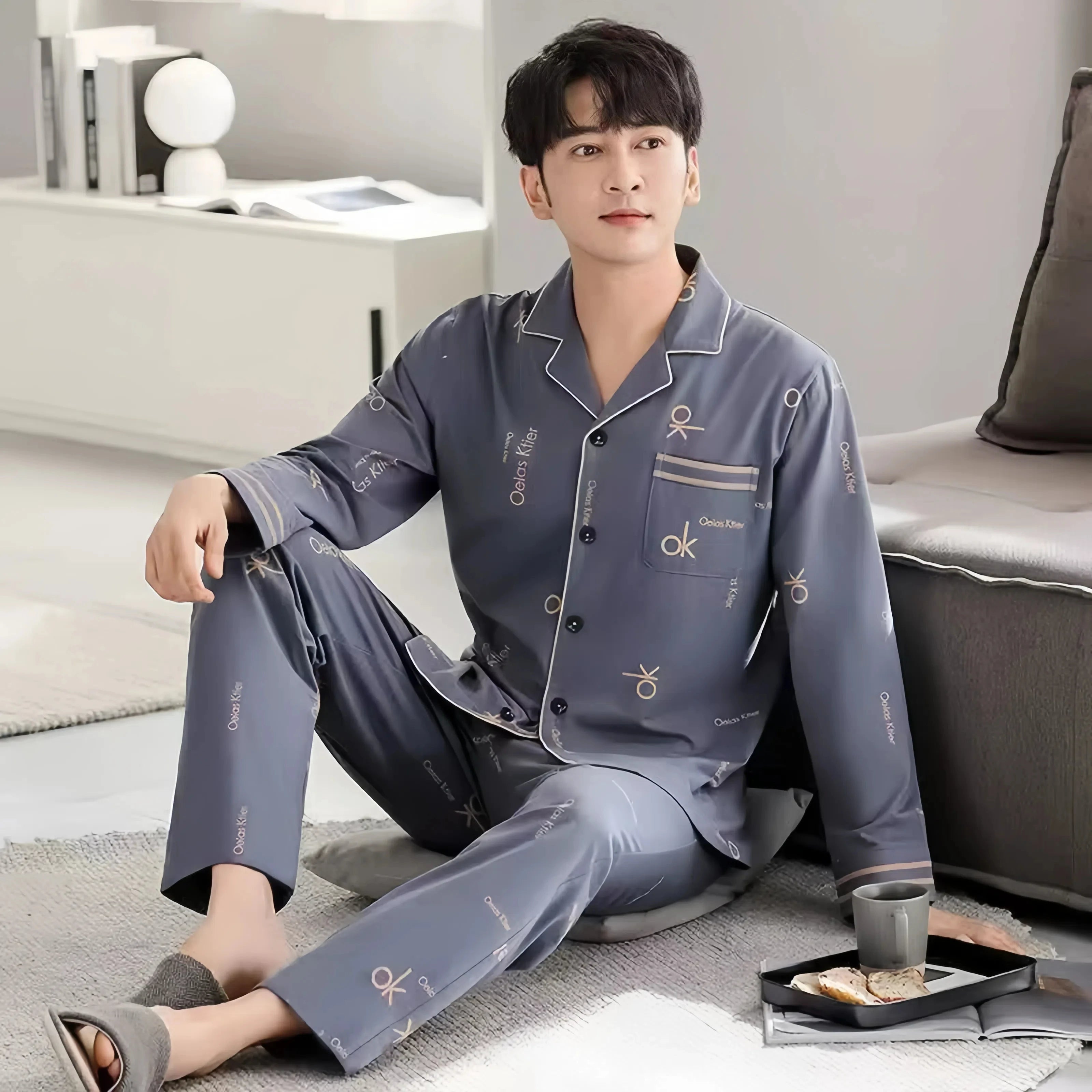 【Casual Homewear】Men's Versatile Pajama Set That Can Be Worn Outside, Long-Sleeved Top and Long Pants, Suitable for All Seasons