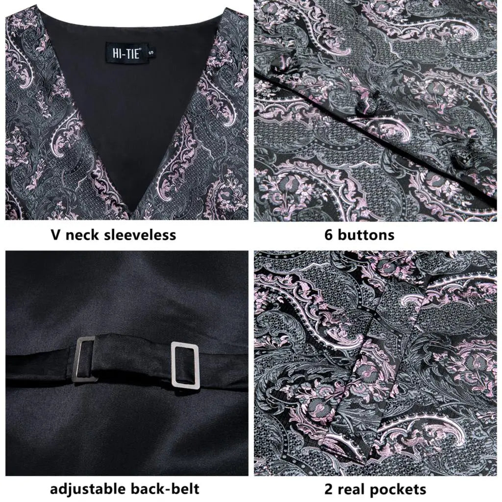 Hi-Tie High Quality Silk Mens Vests Pink Gray Floral Waistcoat Tie Hanky Cufflinks Brooch Set for Men Suit Wedding Office Gift