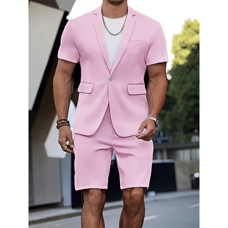 Men's Suit Summer Casual Suit 2 Piece Short Sleeve Suit Blazer 5 Inch Dress Shorts for Outdoor Beach Weddings Casual Occasions