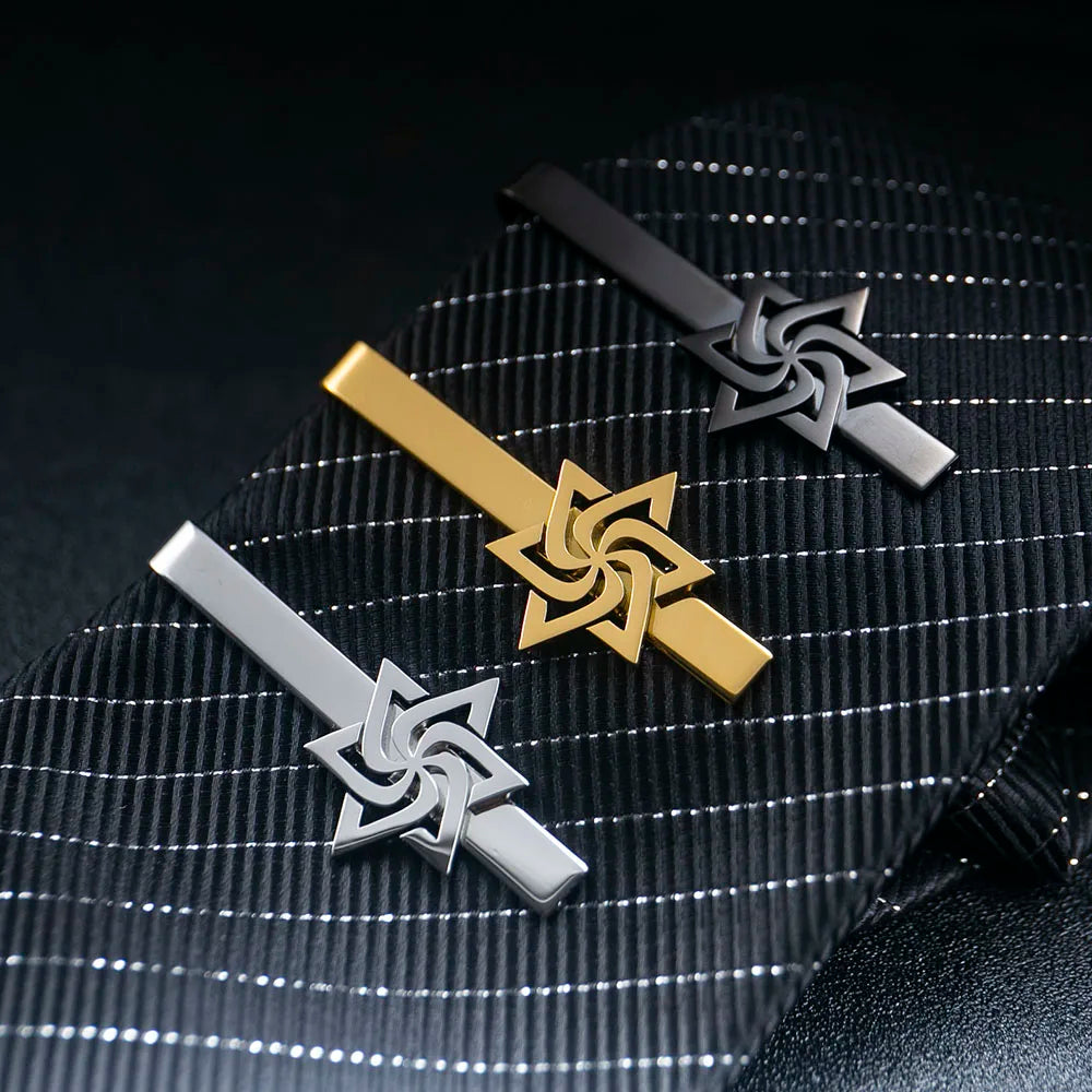 Tangula Spiral Star of David Tie Clip Stainless Steel Men Suit Tie Collar Pin Retro Judaism Amulet Wedding Jewelry for Groom
