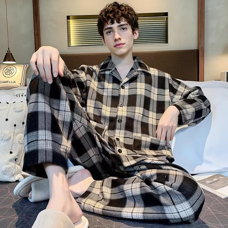 【Casual Homewear】Men's Versatile Pajama Set That Can Be Worn Outside, Long-Sleeved Top and Long Pants, Suitable for All Seasons