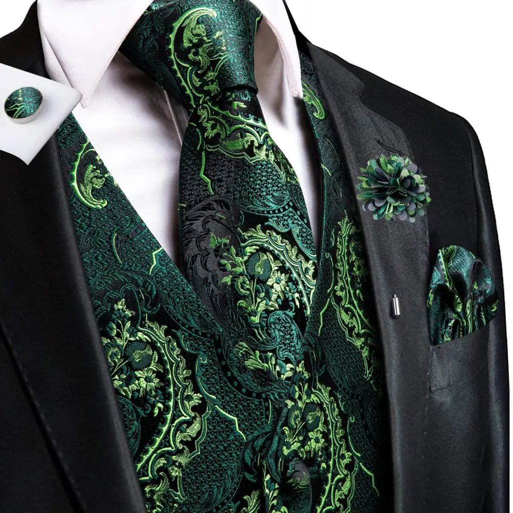 Hi-Tie High Quality Silk Mens Vests Pink Gray Floral Waistcoat Tie Hanky Cufflinks Brooch Set for Men Suit Wedding Office Gift