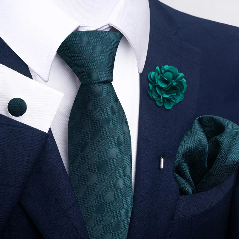 Brand Fashion Luxurious Green Floral Necktie Pocket Square Cufflinks Brooch Set Man Suit Accessories Birthday Present