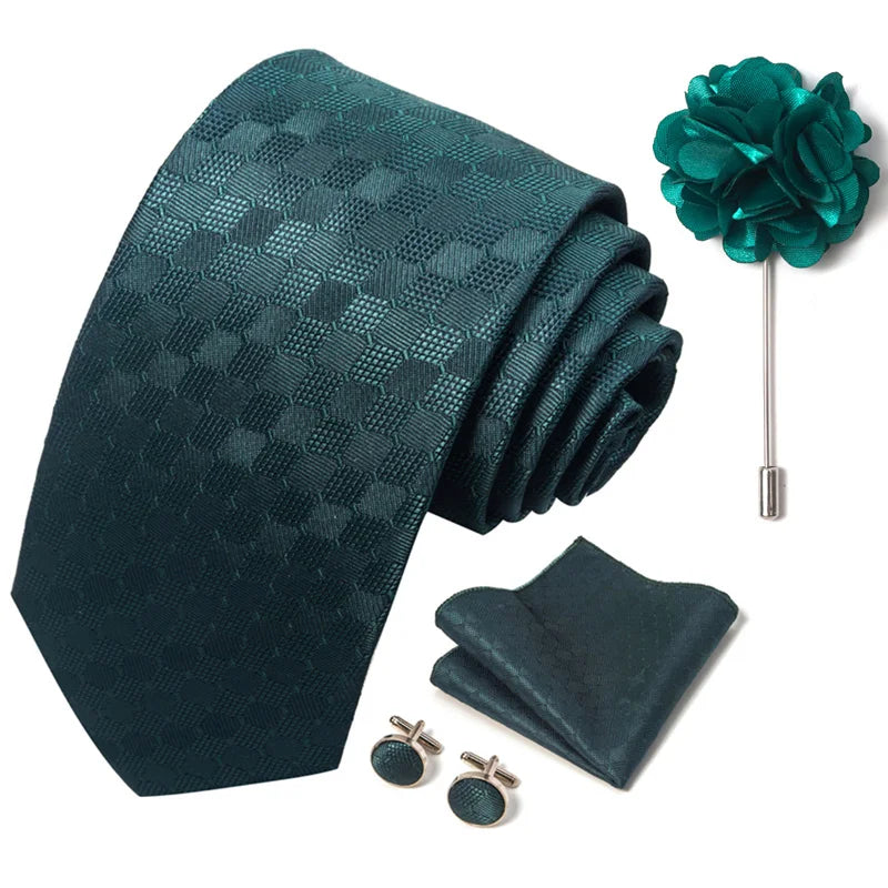 Brand Fashion Luxurious Green Floral Necktie Pocket Square Cufflinks Brooch Set Man Suit Accessories Birthday Present