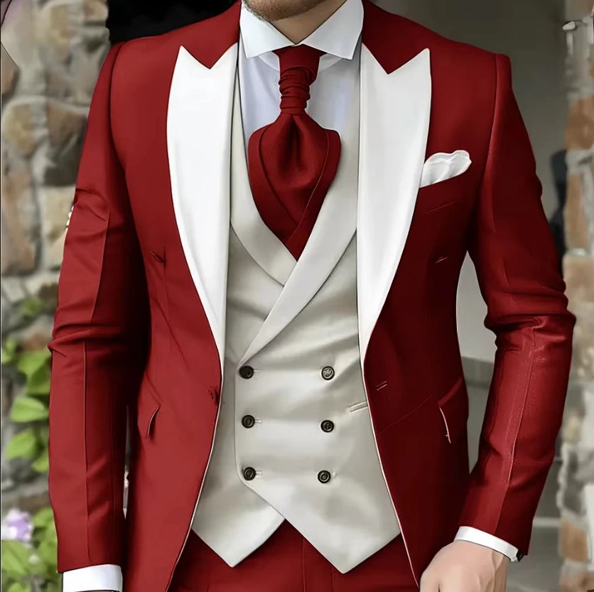 Men Suit White Classic 3 Pieces Wedding Suits Set Fashion Men Business Tuxedo Peaked Lapel Groomsmen Blazer Pants Vest