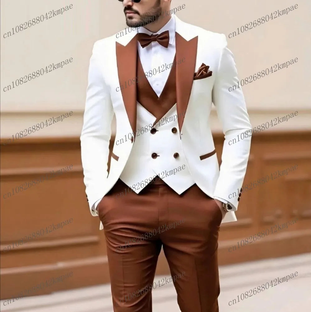 New White And Brown Men Suit Formal Occasion Groom Groomsman Wedding Party Prom Male Tuxedos 3 Piece Set Blazer Vest Pants