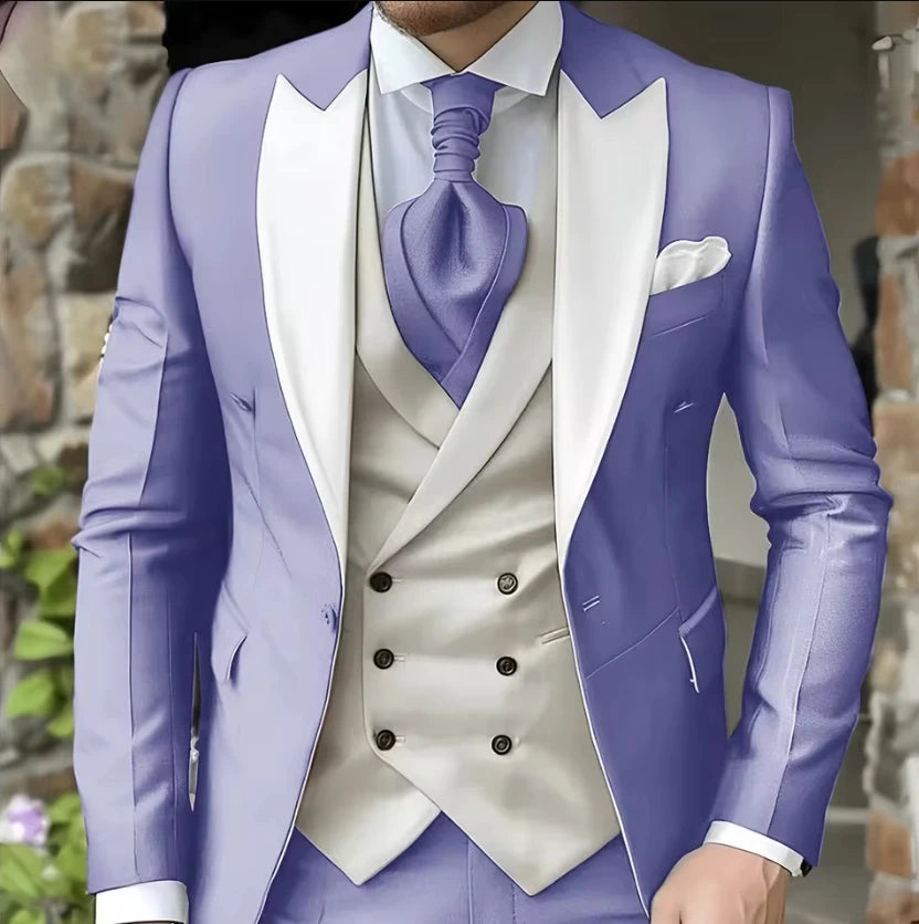 Men Suit White Classic 3 Pieces Wedding Suits Set Fashion Men Business Tuxedo Peaked Lapel Groomsmen Blazer Pants Vest