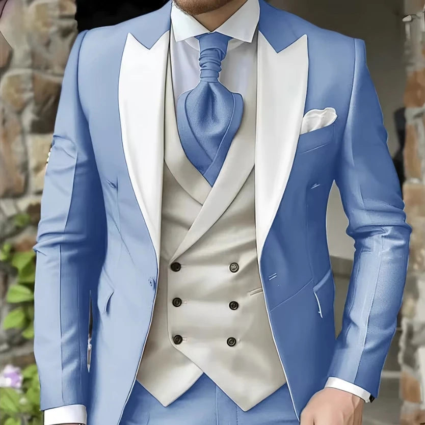 Men Suit White Classic 3 Pieces Wedding Suits Set Fashion Men Business Tuxedo Peaked Lapel Groomsmen Blazer Pants Vest