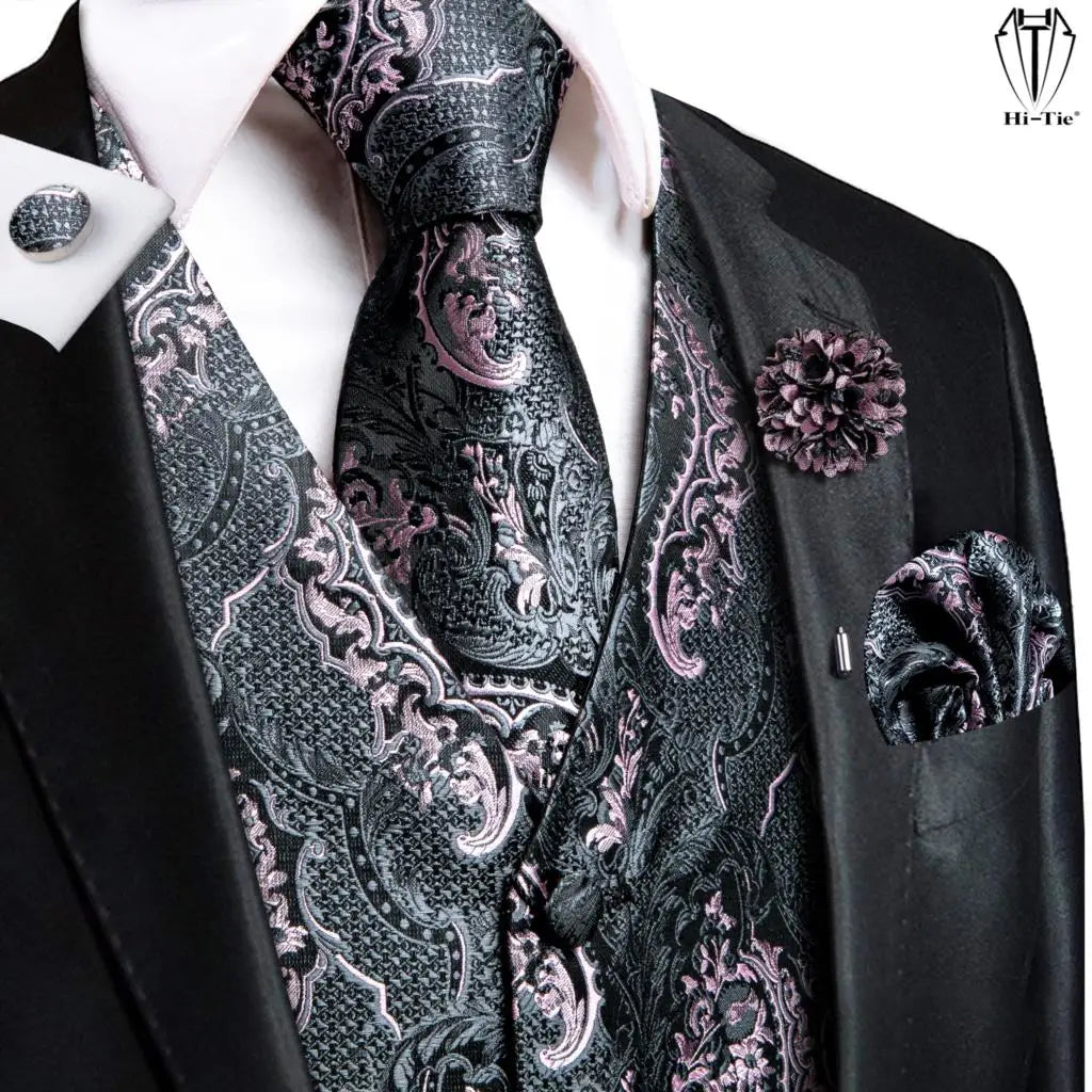 Hi-Tie High Quality Silk Mens Vests Pink Gray Floral Waistcoat Tie Hanky Cufflinks Brooch Set for Men Suit Wedding Office Gift