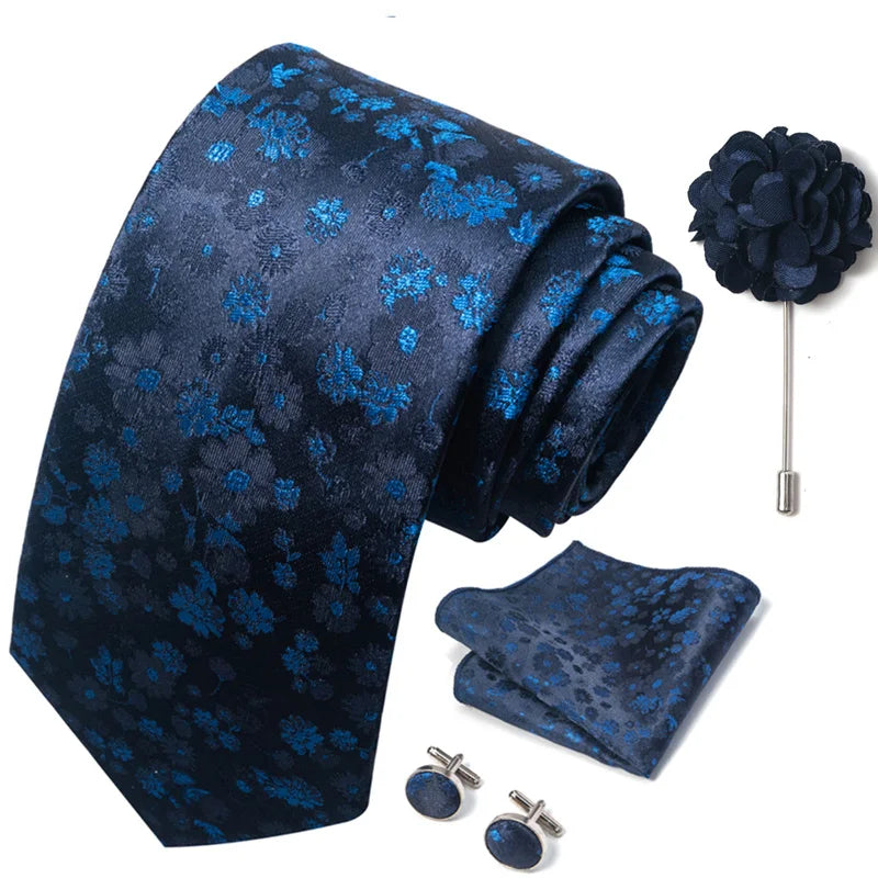 Brand Fashion Luxurious Green Floral Necktie Pocket Square Cufflinks Brooch Set Man Suit Accessories Birthday Present