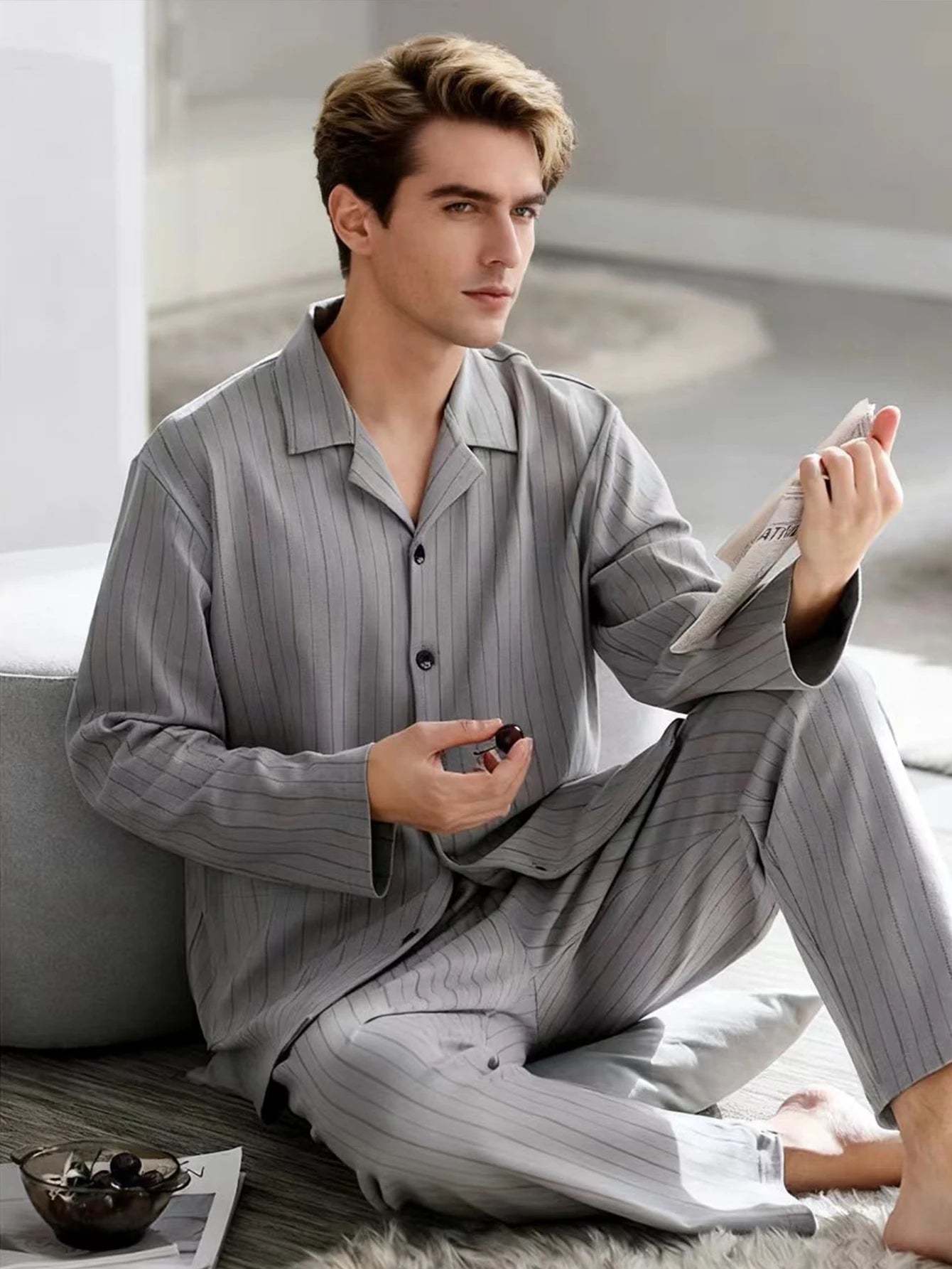 【Casual Homewear】Men's Versatile Pajama Set That Can Be Worn Outside, Long-Sleeved Top and Long Pants, Suitable for All Seasons