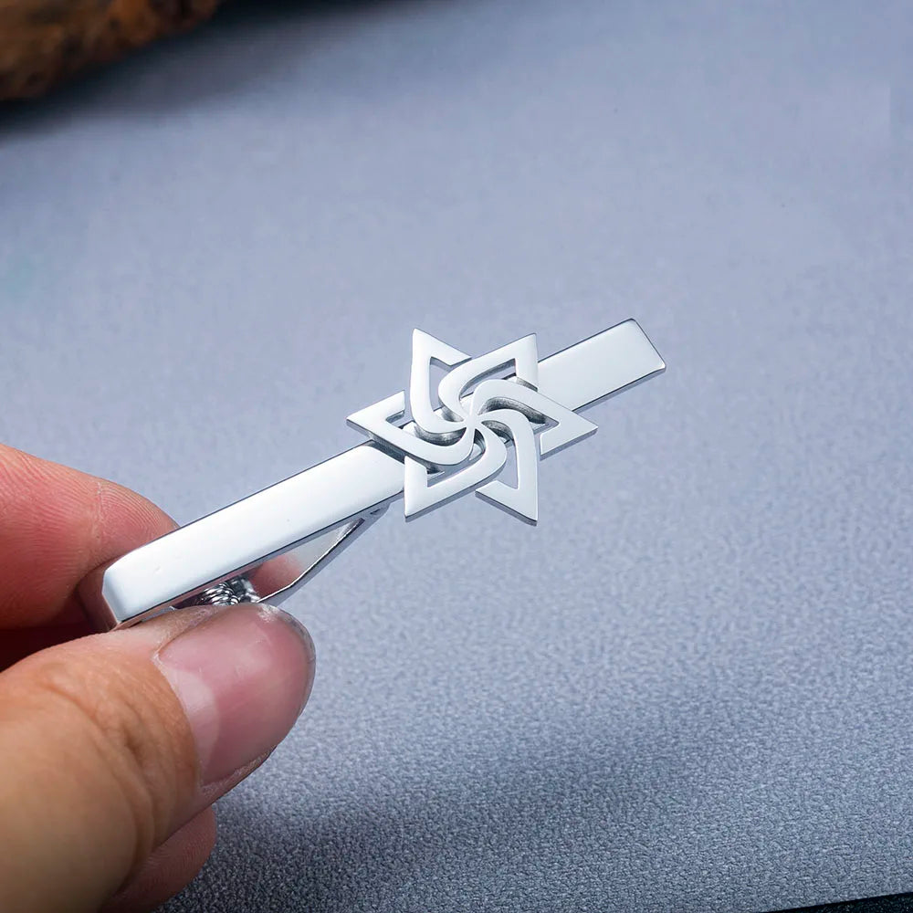 Tangula Spiral Star of David Tie Clip Stainless Steel Men Suit Tie Collar Pin Retro Judaism Amulet Wedding Jewelry for Groom