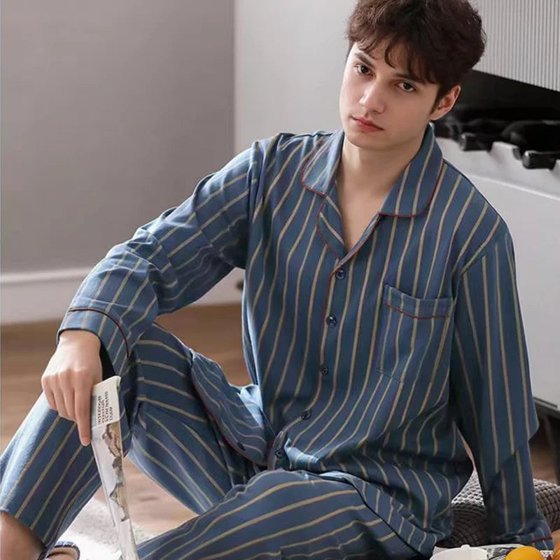 【Casual Homewear】Men's Versatile Pajama Set That Can Be Worn Outside, Long-Sleeved Top and Long Pants, Suitable for All Seasons