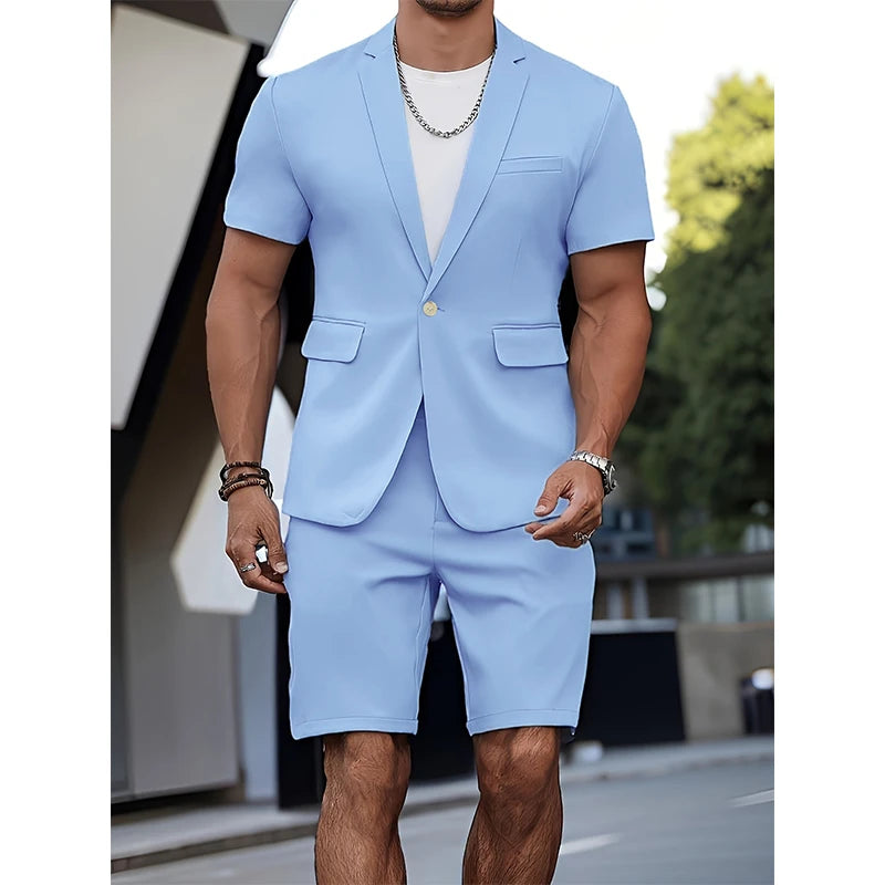 Men's Suit Summer Casual Suit 2 Piece Short Sleeve Suit Blazer 5 Inch Dress Shorts for Outdoor Beach Weddings Casual Occasions