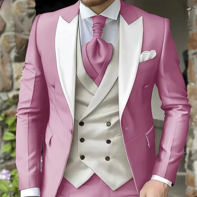 Men Suit White Classic 3 Pieces Wedding Suits Set Fashion Men Business Tuxedo Peaked Lapel Groomsmen Blazer Pants Vest
