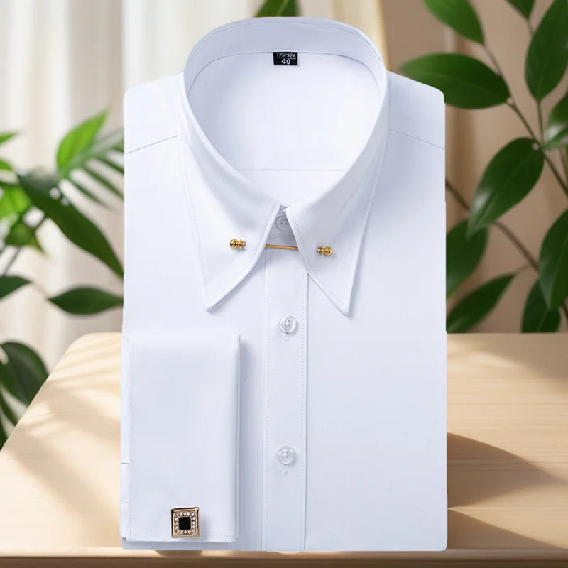 Embroidered French Cufflinks Men's Long-Sleeve Shirt with Collar Pins, Big Collar Dress Shirt for Business Formal Wear, Gentlema