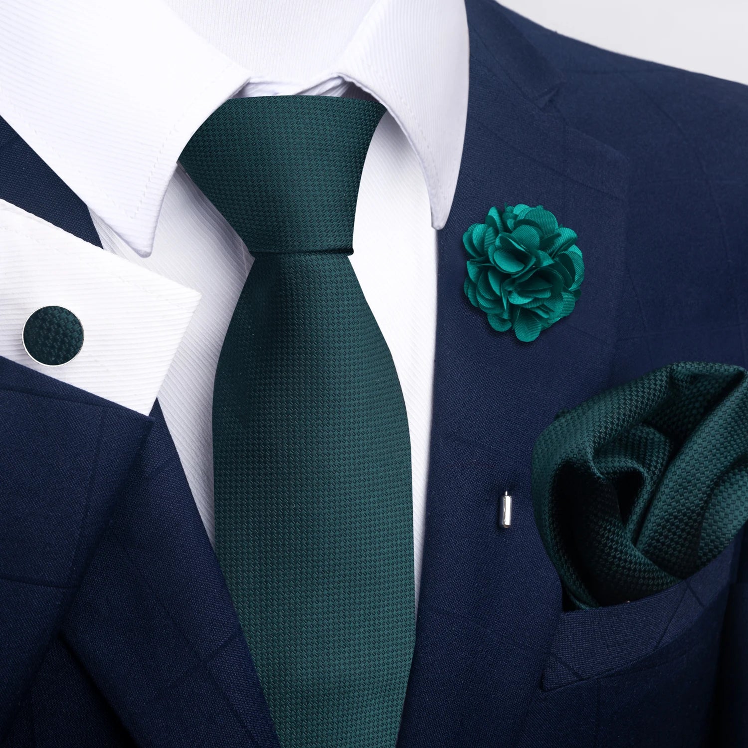 Brand Fashion Luxurious Green Floral Necktie Pocket Square Cufflinks Brooch Set Man Suit Accessories Birthday Present