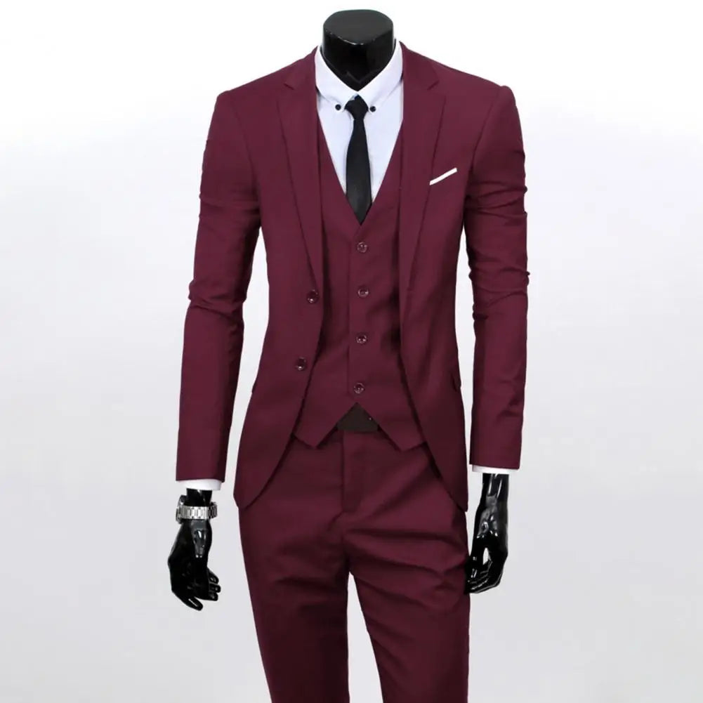 3Pcs/Set Tuxedo Suit Jacket Vest Pants Set Men Suit Set Slim Fit Formal Prom Wedding Solid Color Business Outfit