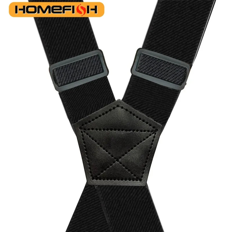 Heavy Duty Work Suspenders for Men 3.8cm Wide X-Back with 3 Plastic Gripper Clasps Adjustable Elastic Trouser Pants Braces-Black